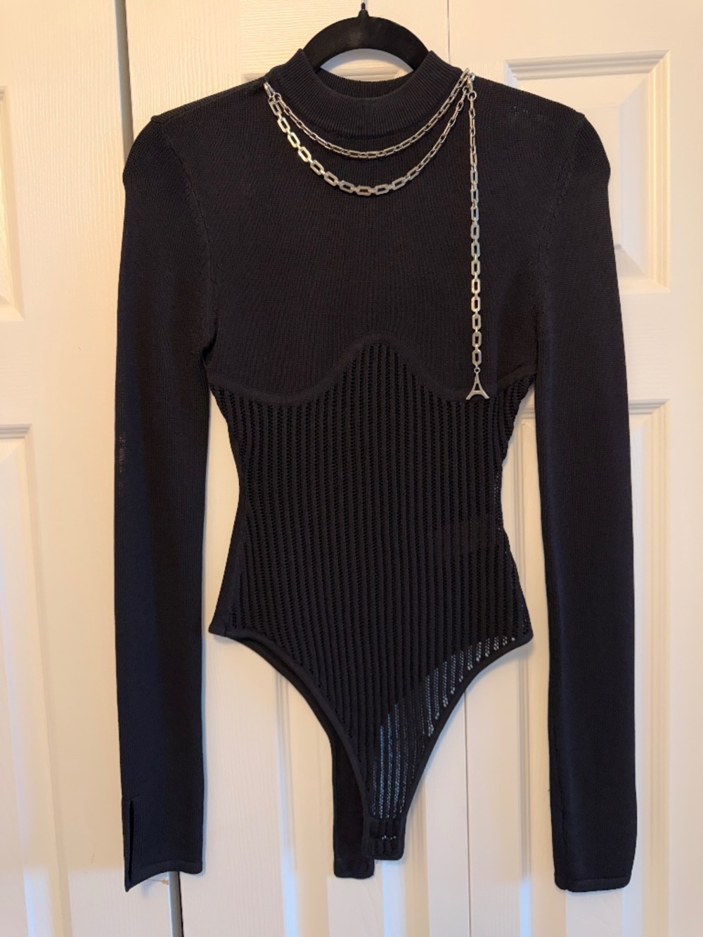 New Maniere De Voir Black Contour Knit Bodysuit with Chain Size S